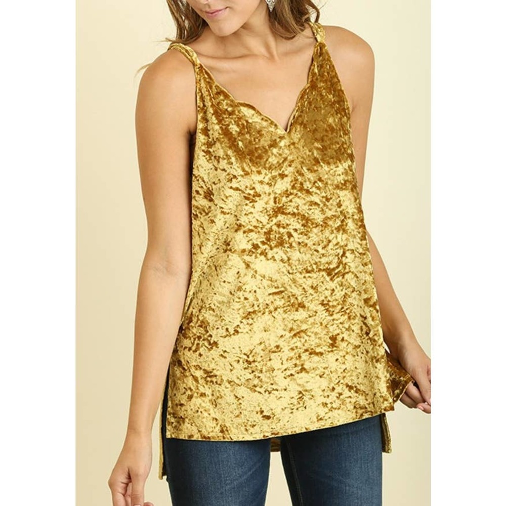 Umgee Yellow Gold Crushed Velvet Sleeveless Scalloped V-Neck Tank Top Sz L NWT - Picture 1 of 12